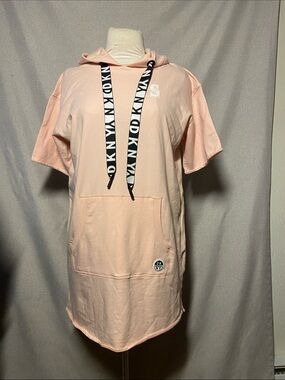 DKNY Peach Short-Sleeve Hooded Tunic with Black Logo Drawstrings. Size L/G/G